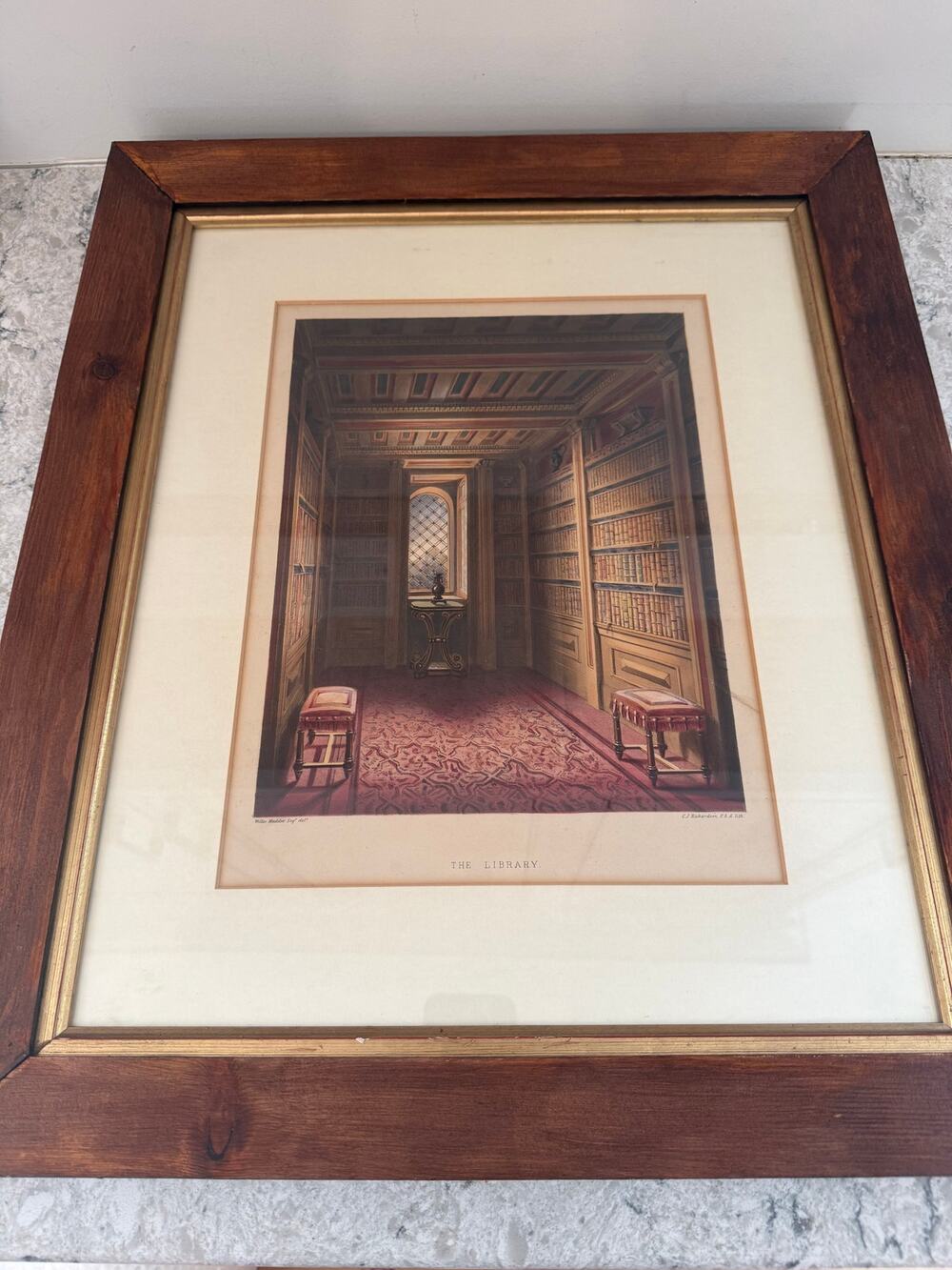 1844 Framed Print The Library Lansdown Tower, Bath Signed Lithograph JL